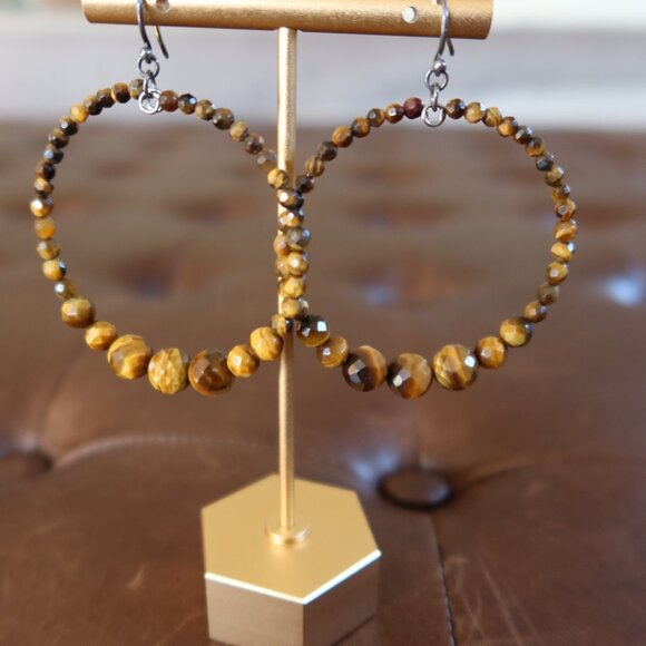 Chan Luu Tiger's Eye (70+) front facing hoops earrings 2" wide and long drops - Picture 1 of 13